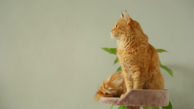 Cute emotion Maine coon cat sitting on scratching post near green flower in room interior, wagging its tail. Cat is calm watching with curious eyes. Series video from different angles in natural light