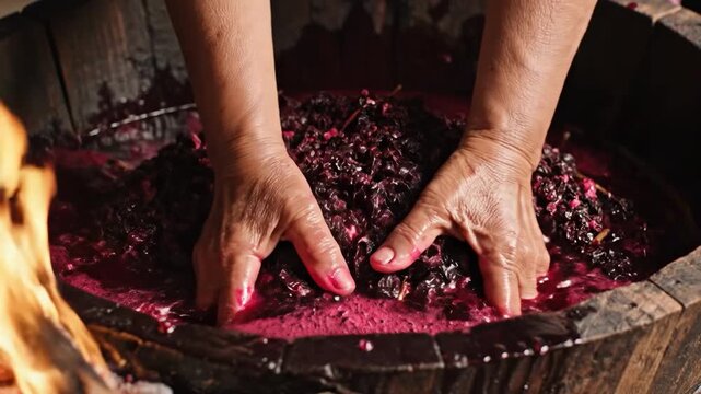 A person's hands stained with purple grape juice and slightly burned, immersed in a traditional grape-stomping process near an open flame.