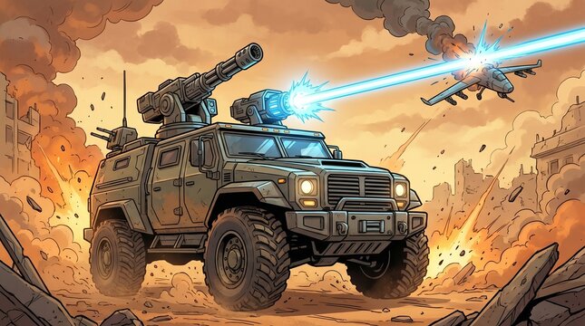 Armored military vehicle firing a powerful laser beam at an attacking aircraft in a chaotic warzone with explosions and debris.