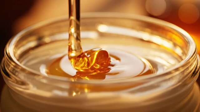 A spoon dripping with honey over a glass jar, capturing a warm and cozy moment with a natural, sweet treat.