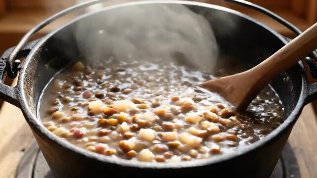 A warm and comforting bowl of lentil stew being stirred with a wooden spoon, evoking a sense of coziness and nourishment.