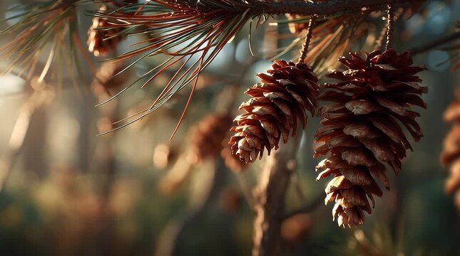 Pine Cones Hanging on Tree Branch in Forest with Warm Golden Sunset Bokeh