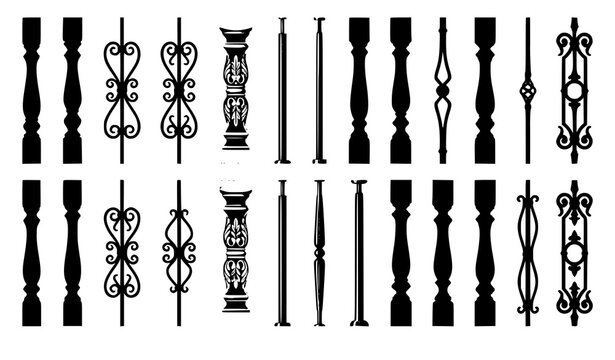Stair spindles and balusters collection vector illustration decorative railing set isolated on white background