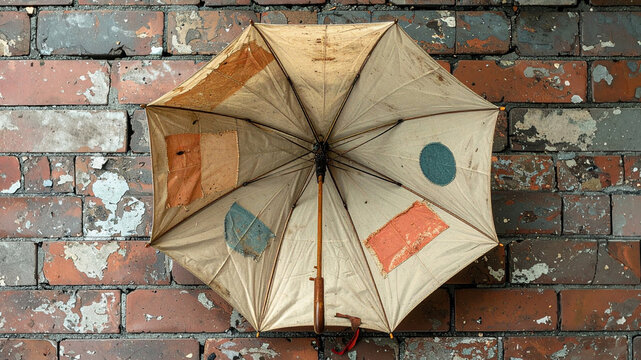 Top view of an open fabric umbrella with patches lying on a red brick wall. Concept of recycling, repair, upcycling, sustainability, and urban texture for stock background.