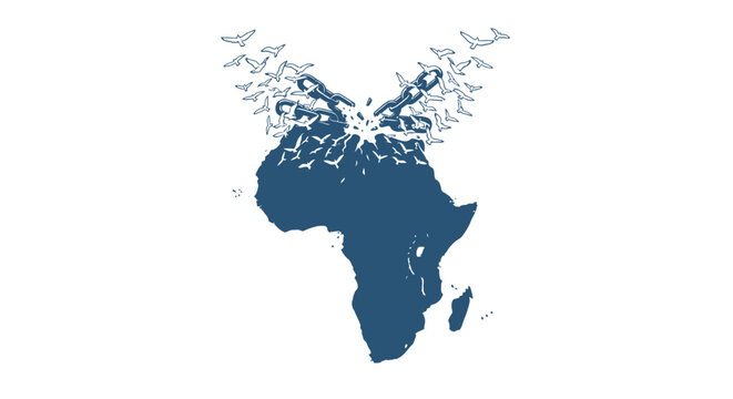 Birds fly out of broken chains over Africa map symbolizing freedom