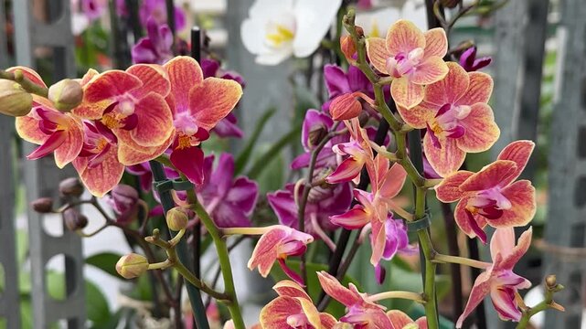 Close-up Phalaenopsis Orchid cluster in greenhouse showing peach and magenta petals with speckled texture, white orchid accents