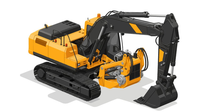 Isometric Illustration of a Yellow Excavator for Construction and Earthmoving