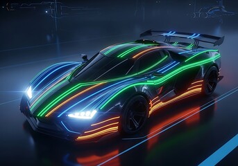 Obraz premium Futuristic Neon Light Race Car in Dark Environment.