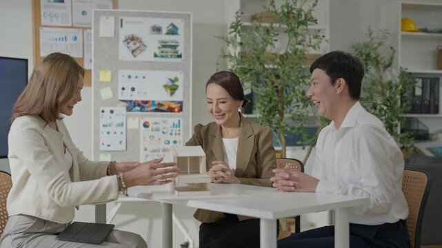 Architectural model team meeting in office discussion for business planning, creative design concept, smiling people in collaborative workspace and interior project discussion for SEO friendly content