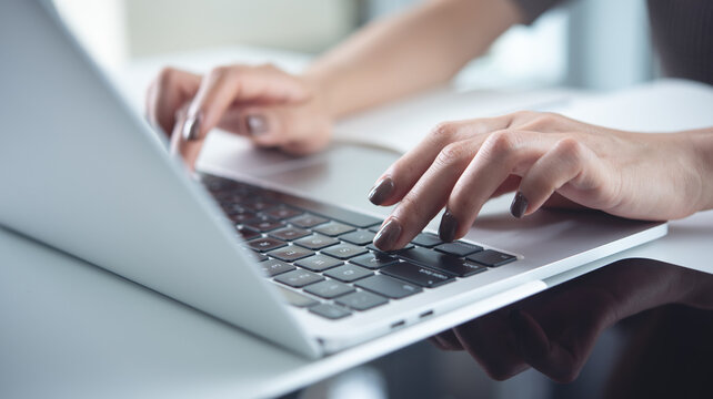 Close up, business woman hand typing on laptop  keyboard, online working, surfing the net, searching the information