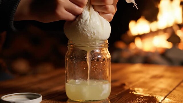 A person straining yogurt into a glass jar by a cozy fireplace, creating a warm and comforting atmosphere.
