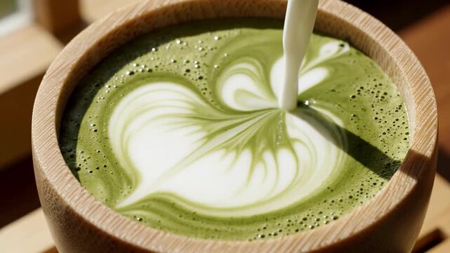 A serene moment of pouring steamed milk into a vibrant green matcha latte, creating intricate art in a wooden bowl, evoking a sense of calmness and tr