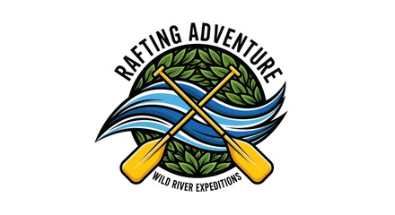 Rafting Adventure Logo: Oars, River Waves, Green Leaves, Wild River Expeditions © Roni