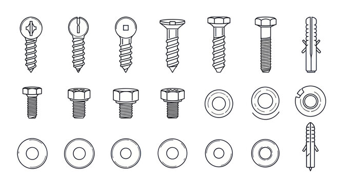 Collection of Hand-Drawn Screws, Bolts, Washers, and Anchors