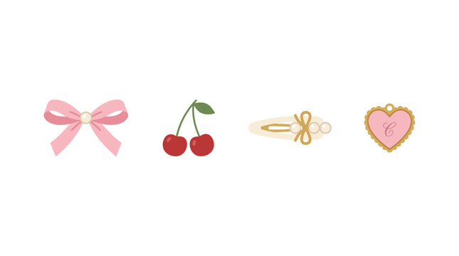 A collection of cute and charming accessories including a pink bow, red cherries, a golden hair clip, and a heart locket.