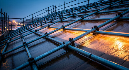 Naklejka premium Professional steel scaffolding roof installation on an urban construction site at dusk highlighting industrial safety measures to prevent a scaffolding accident