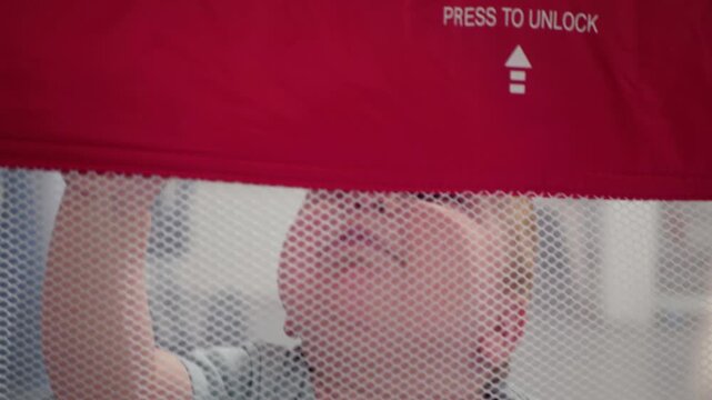 Child sees barrier. Young kid observes through playpen. Infant carefully examines enclosure and surroundings. Young child eagerly gazes through safety barrier seeking to discover what lies outside