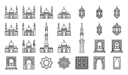Mosque and Islamic architecture icon set vector cultural illustration © MdMasud