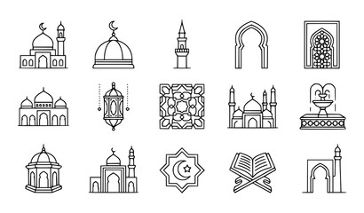 Islamic architecture outline icon collection vector mosque symbols © MdMasud