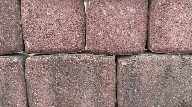 Paving stone samples top view closeup, textured cobble tiles arranged on display stand in hardware store, closeup top down framing.