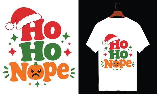 Ho ho nope christmas and halloween mashup design with grumpy pumpkin santa hat.
