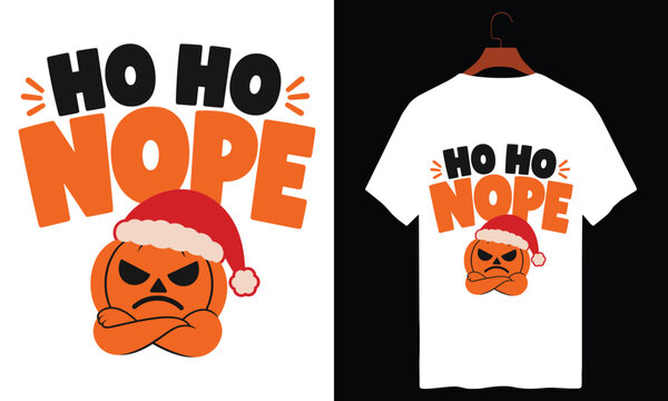 Ho ho nope funny holiday design with grumpy pumpkin character wearing santa hat.
