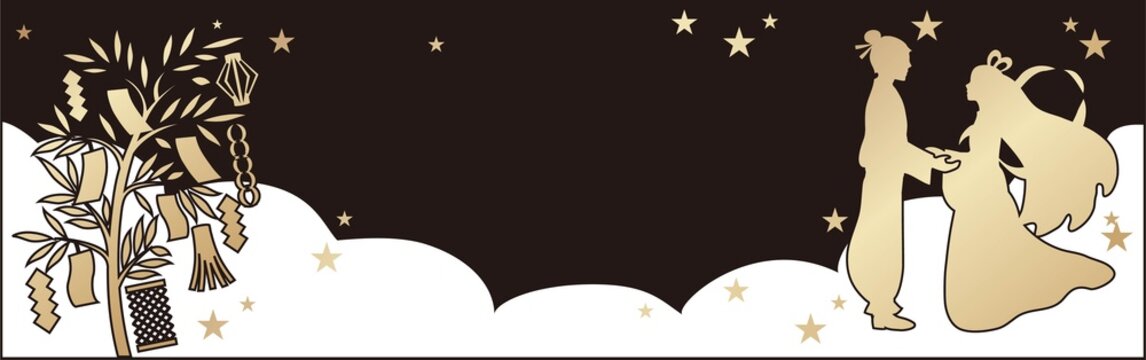 七夕　織姫　彦星　シルエット　笹　短冊　天の川　バナー　フレーム　コピースペース　背景　イラスト素材