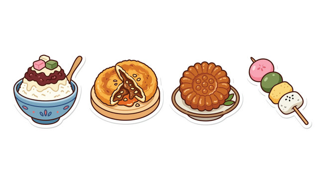 A delightful collection of popular Asian desserts including Korean bingsu and hotteok, Chinese mooncake, and Japanese dango, presented as charming illustrations.