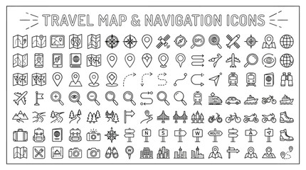 Set of travel map and navigation outline icons. © alfan fikri