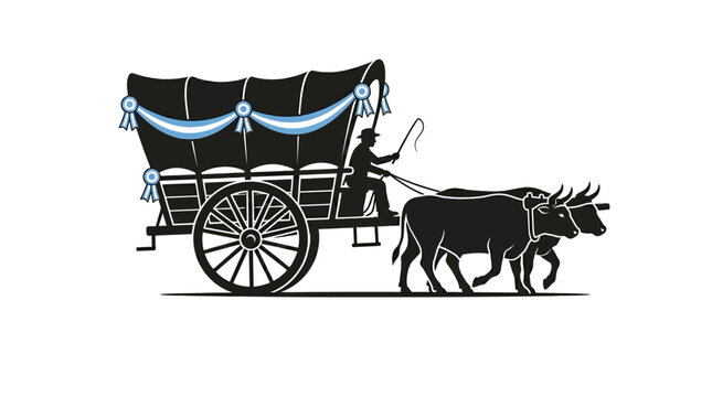 Silhouette illustration of a traditional gaucho ox cart with Argentinian colors.