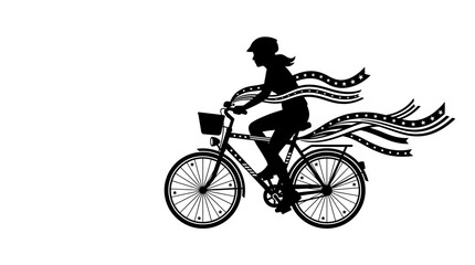 Obraz premium Silhouette of a female cyclist riding a bicycle with flowing ribbons.