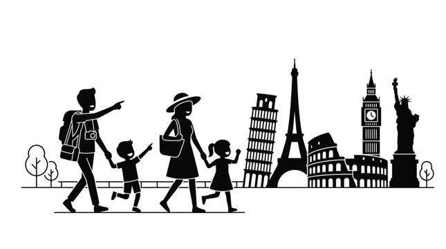 Silhouette of a family traveling and exploring world famous landmarks together.