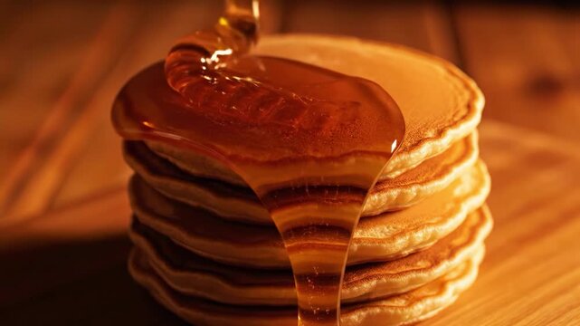 A stack of golden pancakes on a wooden surface with syrup being drizzled on top, evoking a warm breakfast atmosphere.