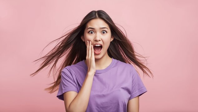 Attractive young woman in a lilac shirt yelling with her hand over her mouth.