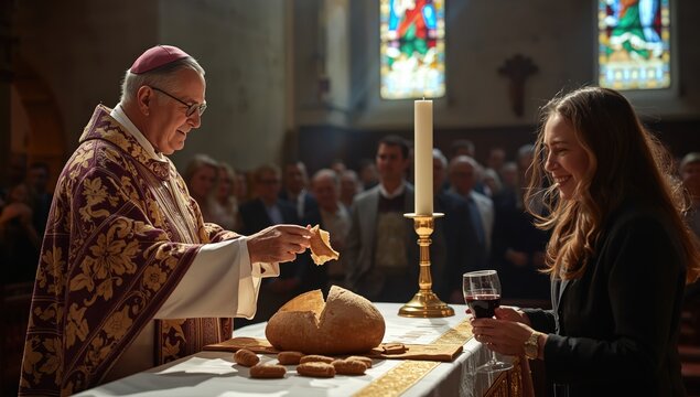 Bishop symbolically shares communal bread, symbolizing Christ's body, with parishioners&mdash;an echo of the Savior's sacrifice. Holy Communion, Last Supper, Eucharist in church.