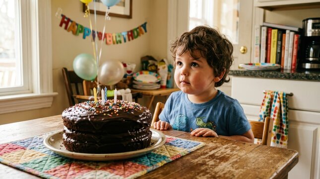 Child gazing at the cake before him (Obesity)