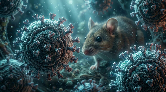 a wild mouse standing next to a massive, detailed hantavirus cell structure, representing zoonotic disease transmission and microscopic health hazards.