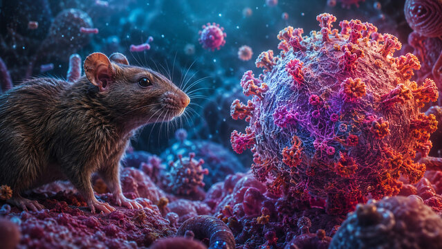 a wild mouse standing next to a massive, detailed hantavirus cell structure, representing zoonotic disease transmission and microscopic health hazards.