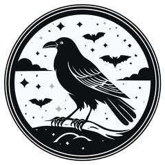 Fototapeta premium Mysterious Black Crow Silhouette Perched on Branch Under Starry Night Sky with Bats