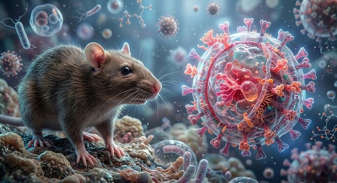 a wild mouse standing next to a massive, detailed hantavirus cell structure, representing zoonotic disease transmission and microscopic health hazards.