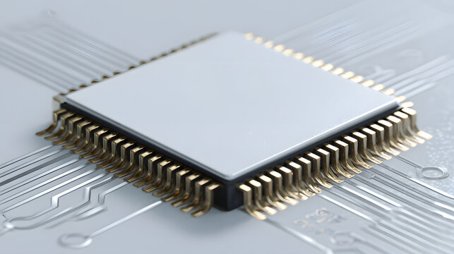 Close Up Wide Shot of Brandless Square Microchip Processer with Gold Pins on Matte White Plastic Surface for Semiconductor Hardware and Advanced Technology Concept