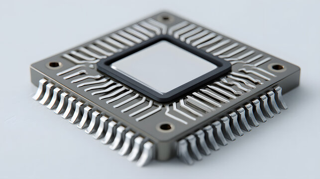 Close Up Wide Shot of Brandless Square Microchip Processer with Gold Pins on Matte White Plastic Surface for Semiconductor Hardware and Advanced Technology Concept