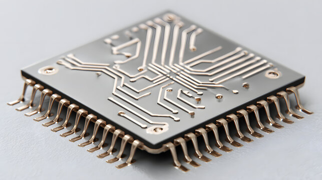 Close Up Wide Shot of Brandless Square Microchip Processer with Gold Pins on Matte White Plastic Surface for Semiconductor Hardware and Advanced Technology Concept