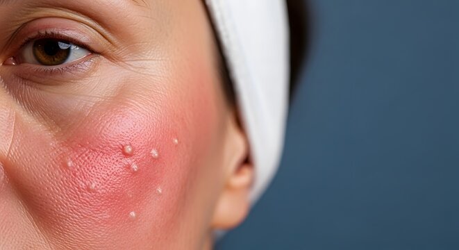 Close-up of a persons face showing inflamed skin with acne and redness.