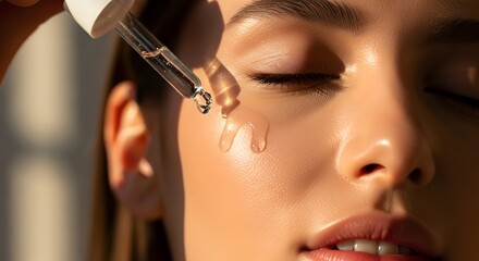 Obraz premium Woman applying facial serum with dropper for skincare routine.