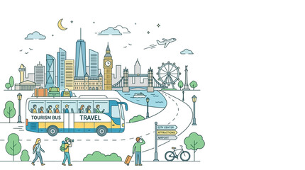 Sketch illustration of a tourist bus traveling through a stylized city landscape. © alfan fikri