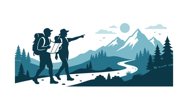 Silhouettes of two hikers with backpacks exploring the wilderness.