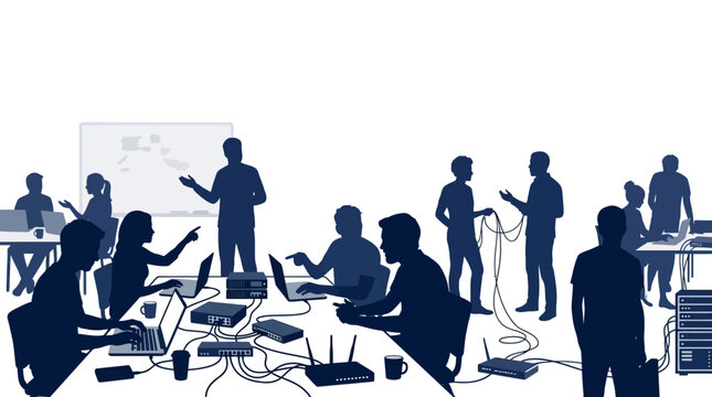 Silhouettes of IT professionals working together in a collaborative technology office environment.