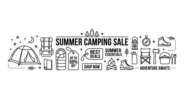 Summer Camping Sale Promotional Banner with Outdoor Equipment Icons.