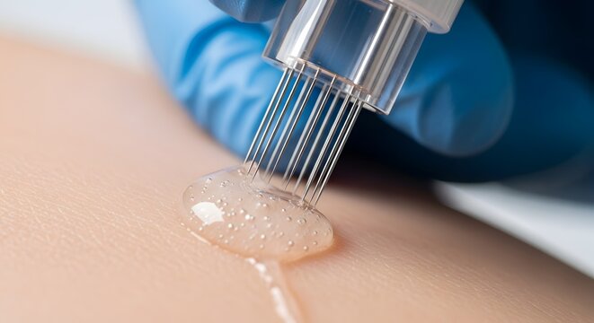 Close up of microneedling pen with serum on skin.